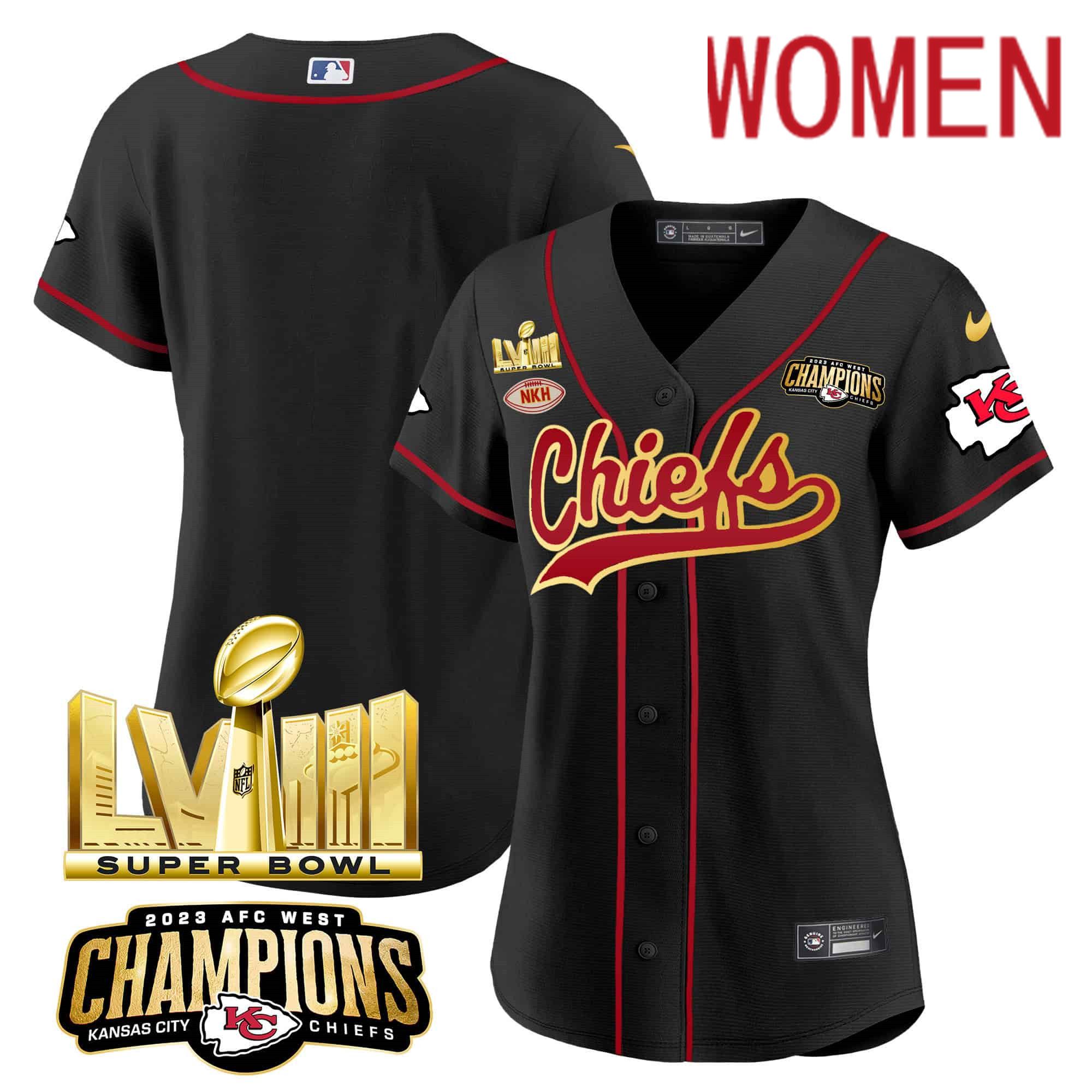 Women Kansas City Chiefs Blank Black 2024 Nike Super Bowl LVIII Back-2-Back Gold Patch Baseball NFL Jersey